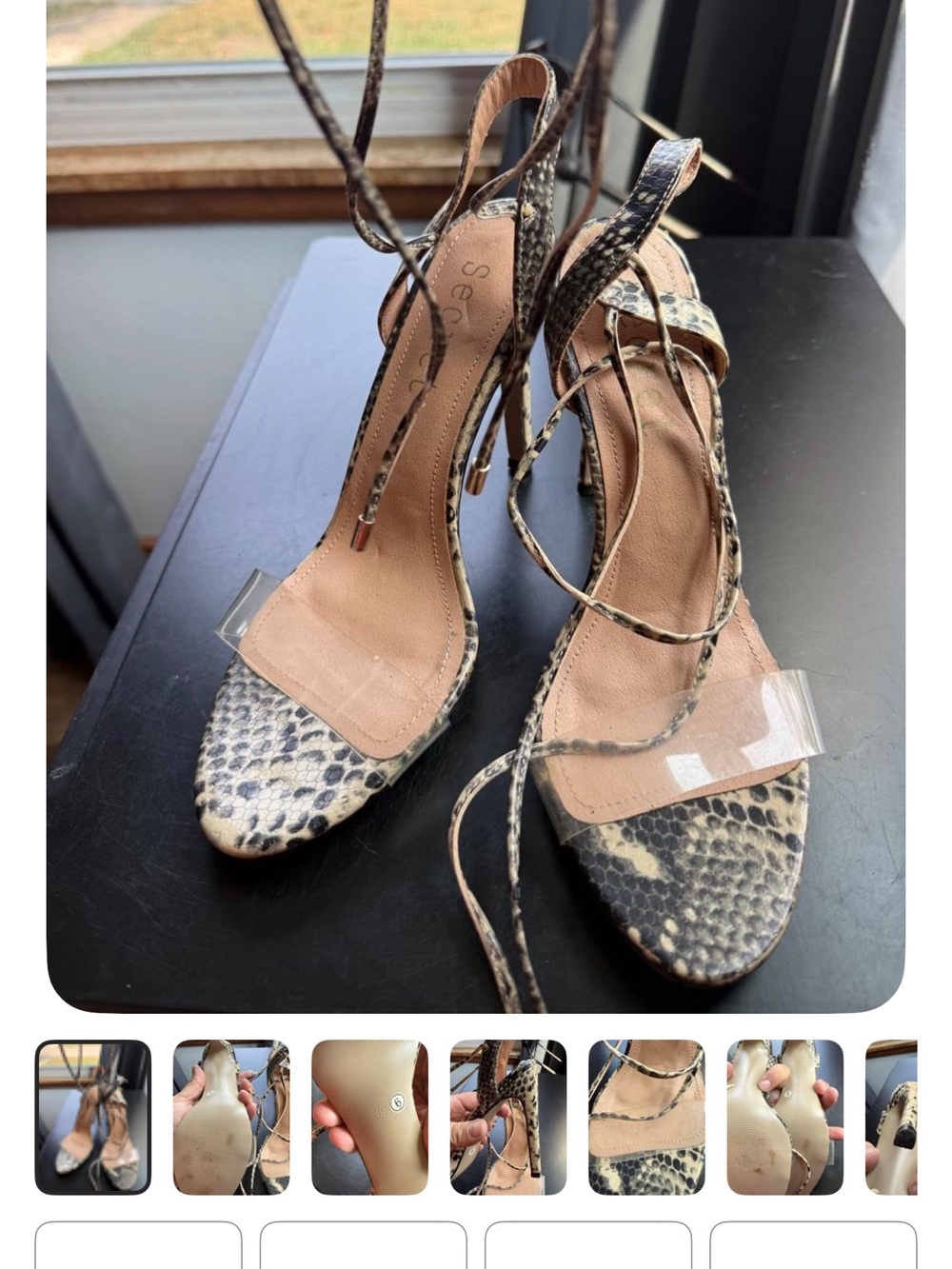 Snake-Print Lace-Up Heeled Sandals in Tan/Black